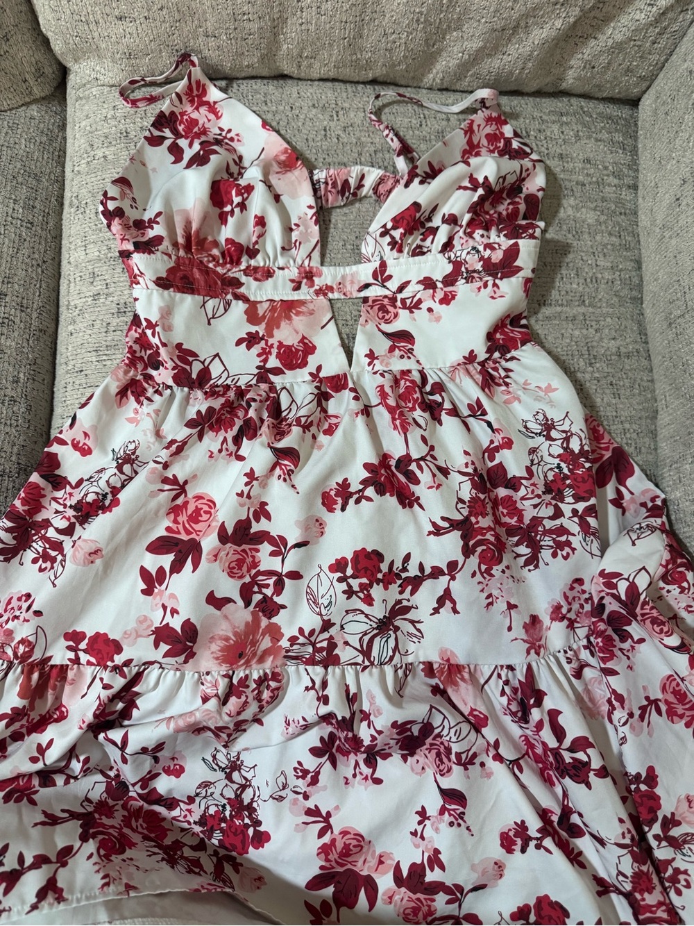 Floral Cutout Mini Dress in White with Pink & Burgundy Print
